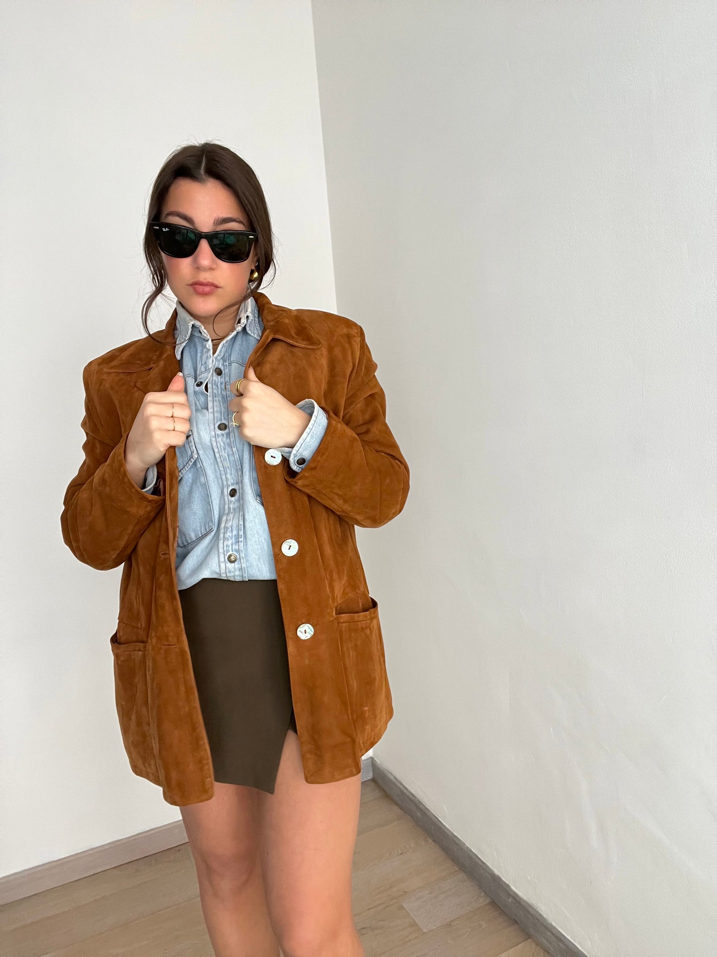 Blazer vintage scamosciato | Marrone con bottoni madreperla