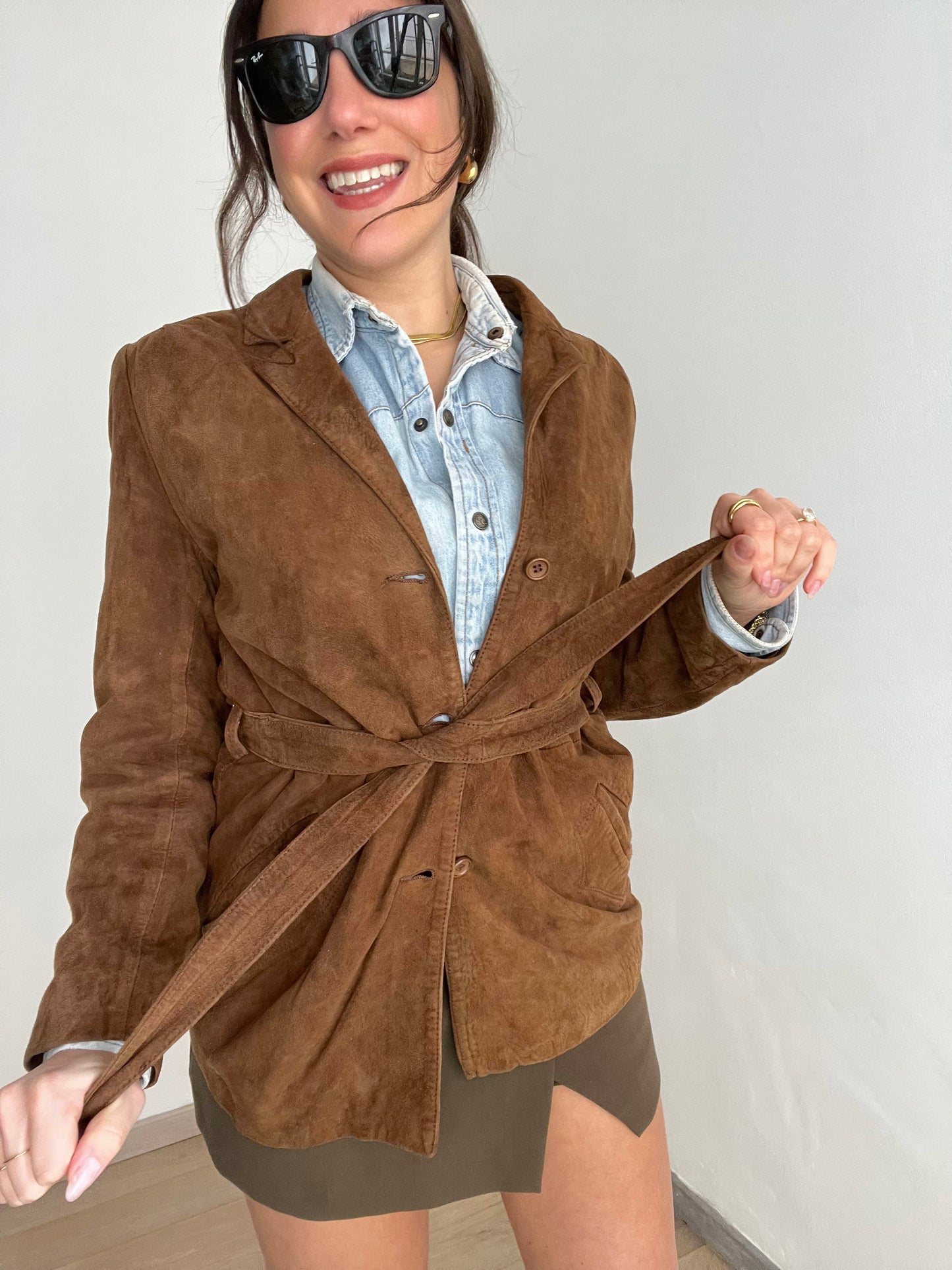 Giacca vintage scamosciata | Marrone scuro con cintura