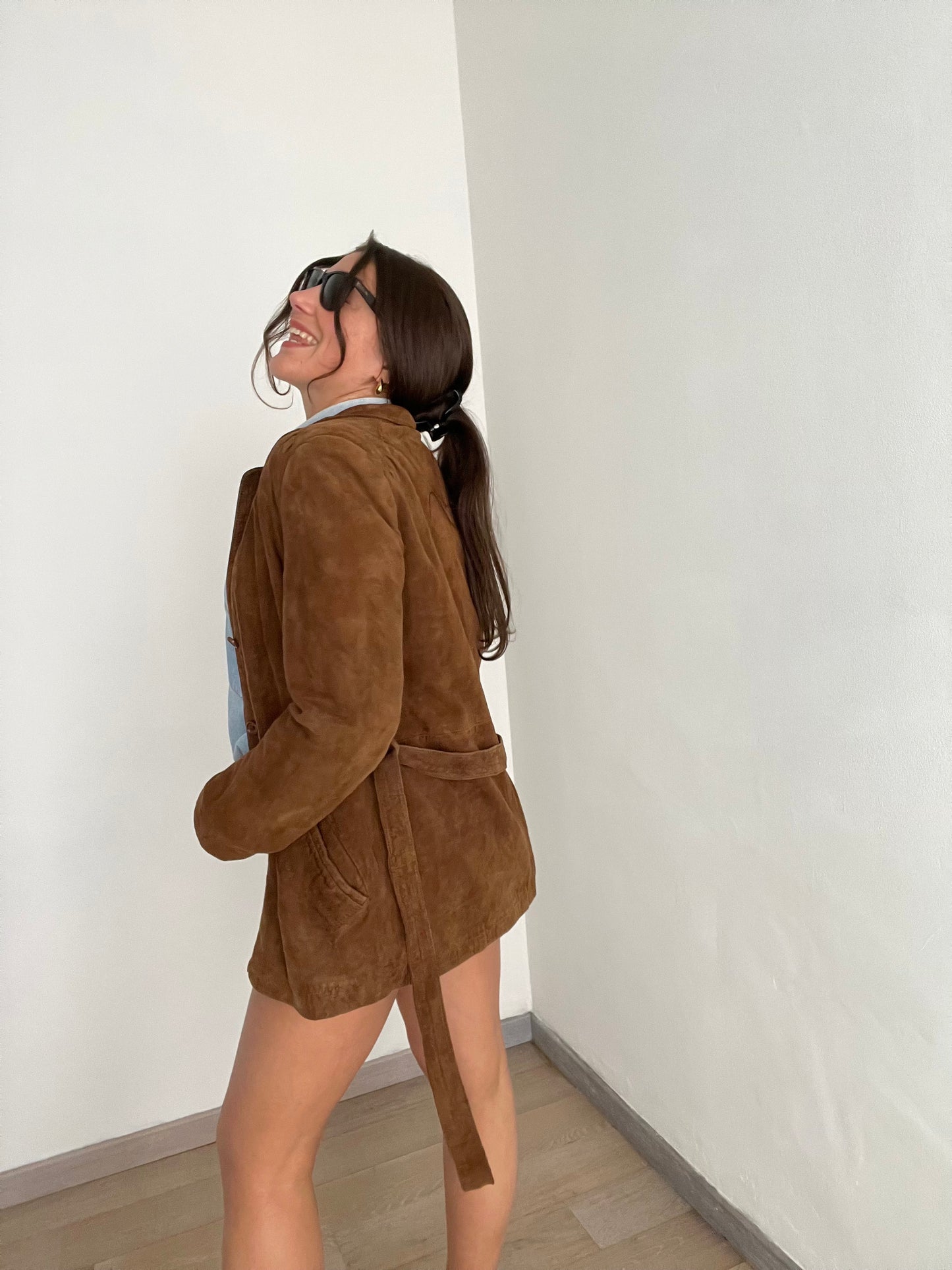 Giacca vintage scamosciata | Marrone scuro con cintura