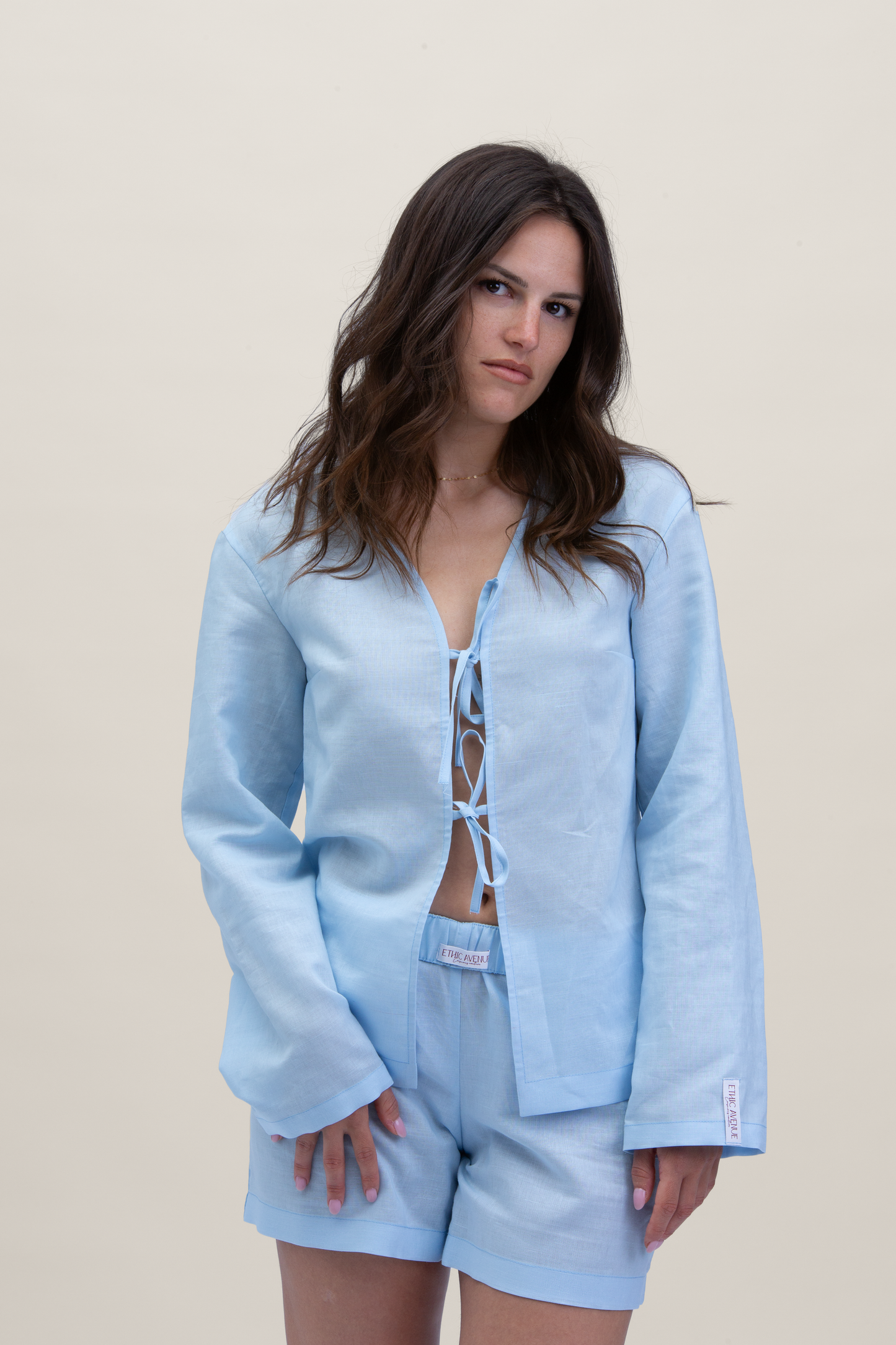 Camicia Stoccolma in lino con fiocchi - Azzurro