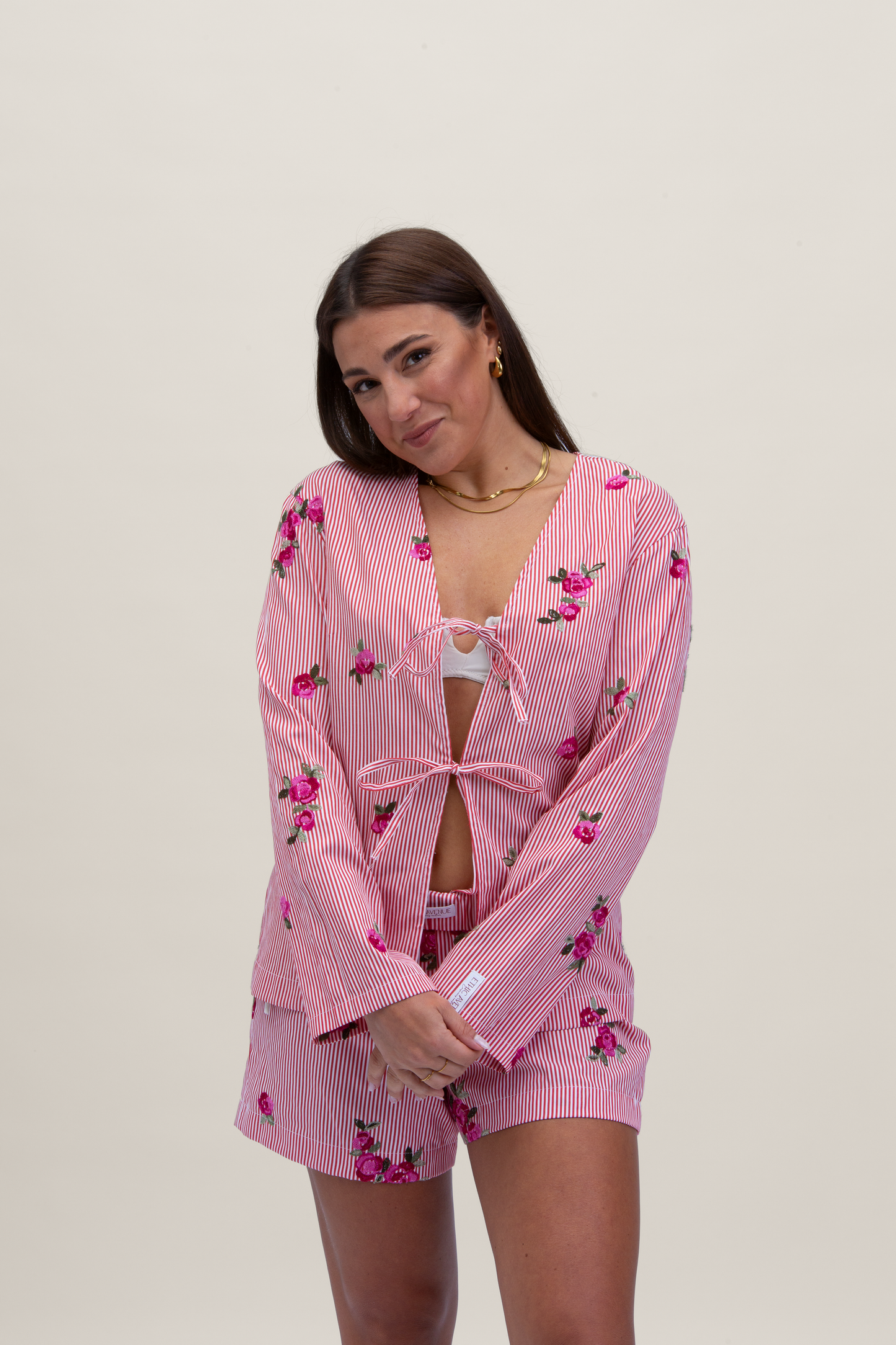 Camicia Stoccolma a righe con ricami - Rose