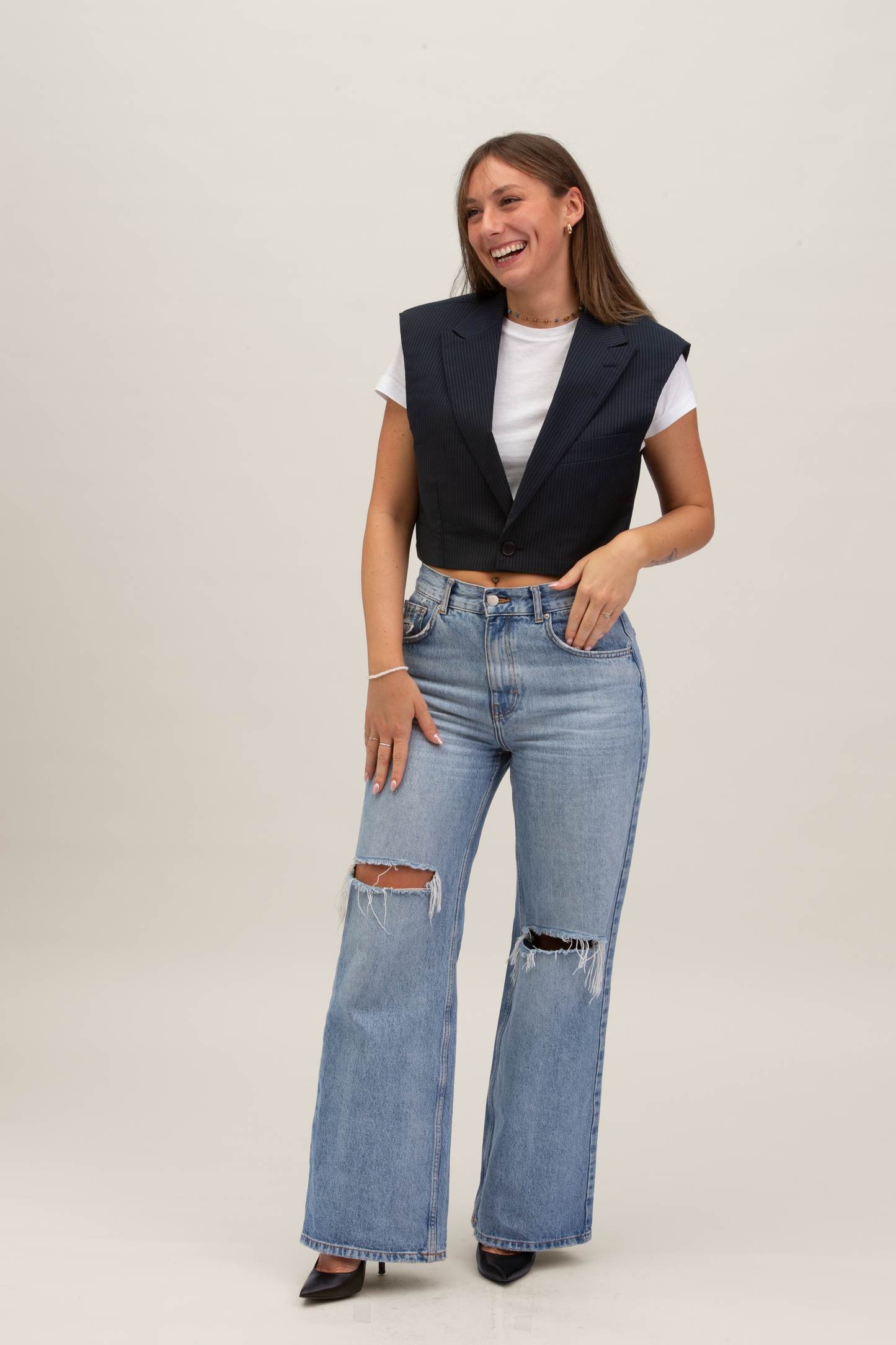 Cropped Gilet | Blu notte gessato S-M
