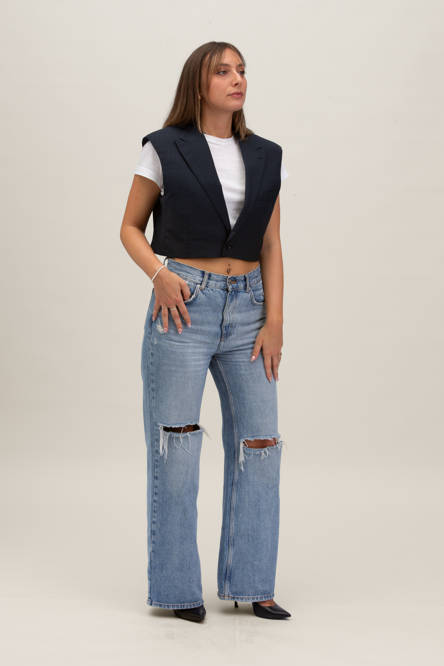 Cropped Gilet | Blu notte gessato S-M