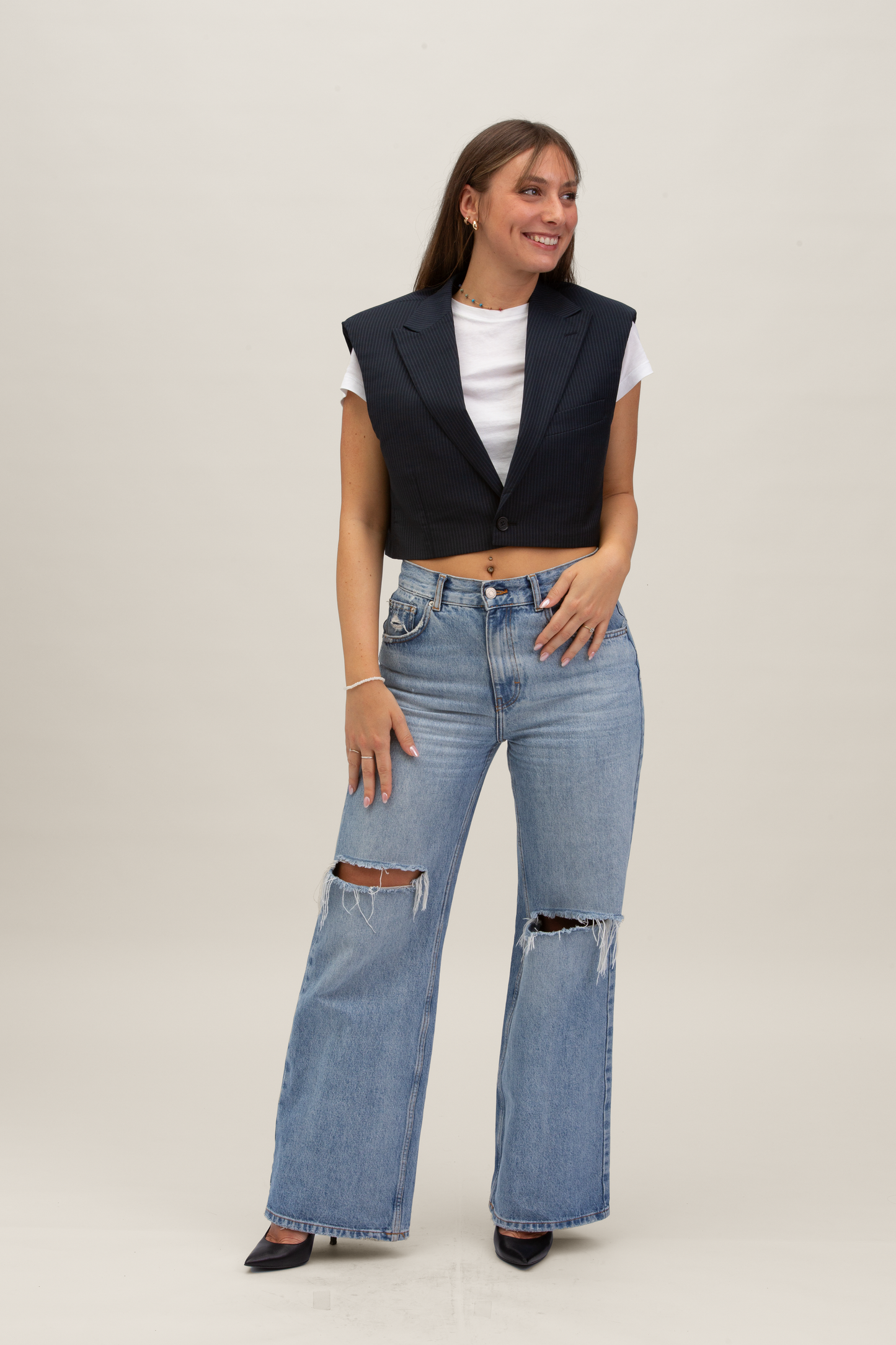 Cropped Gilet | Blu notte gessato S-M