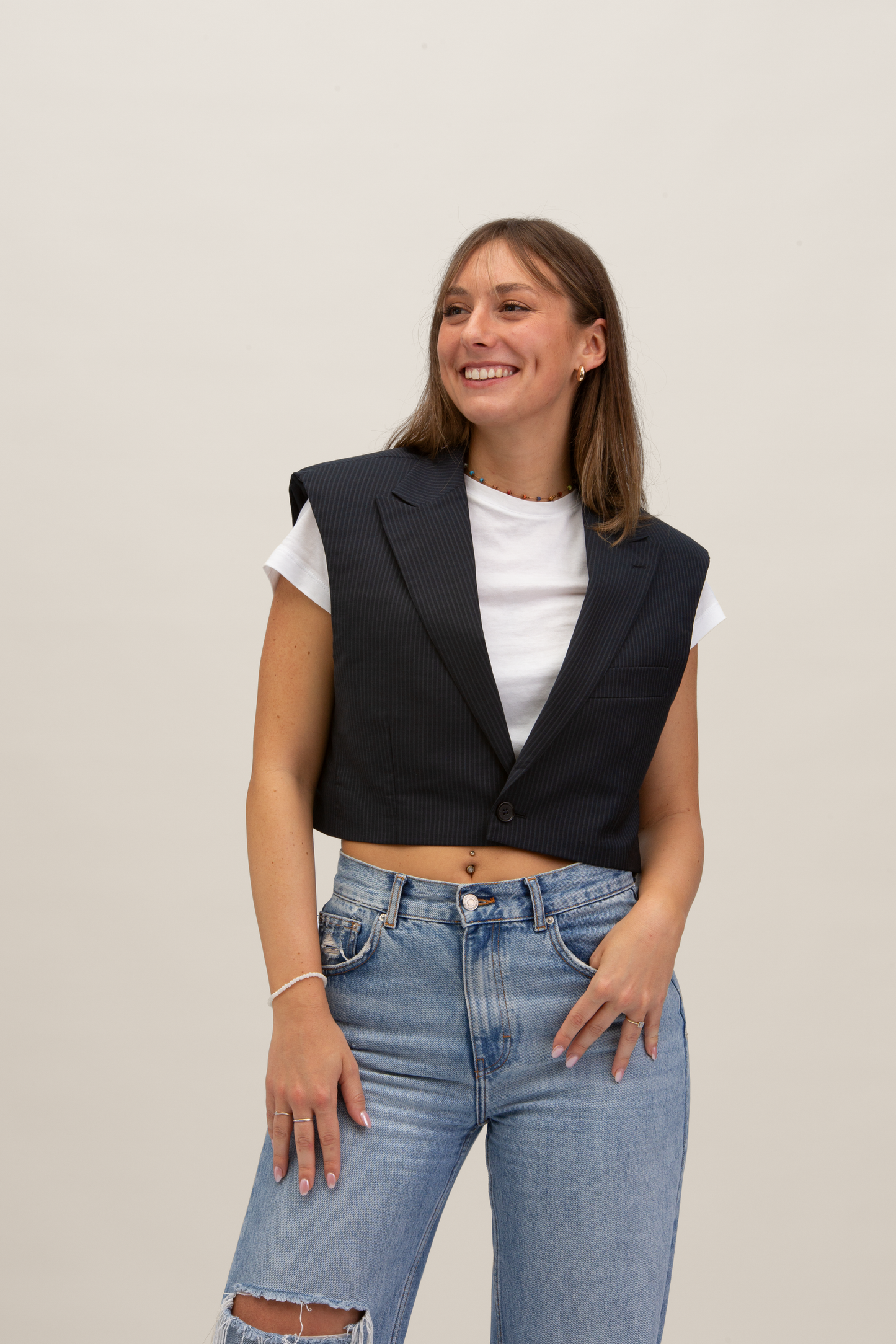 Cropped Gilet | Blu notte gessato S-M