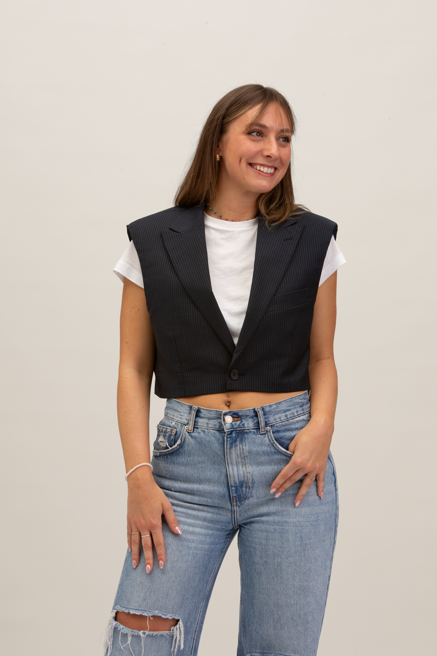 Cropped Gilet | Blu notte gessato S-M