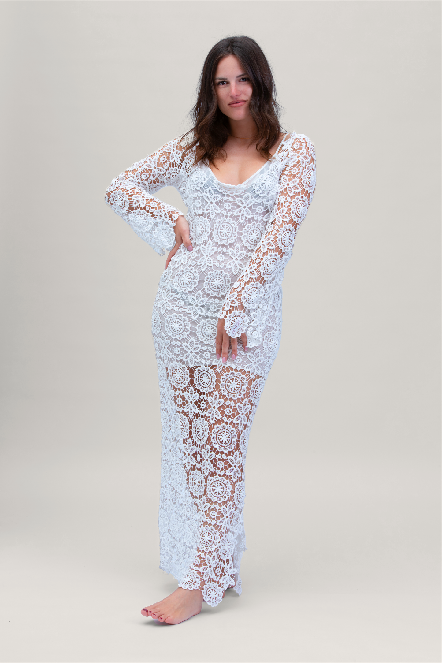 Long white macramé dress