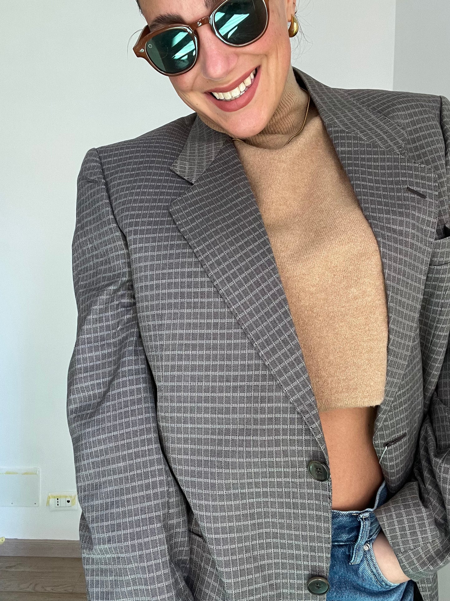 Blazer Vintage in lana | Grigio chiaro a quadri