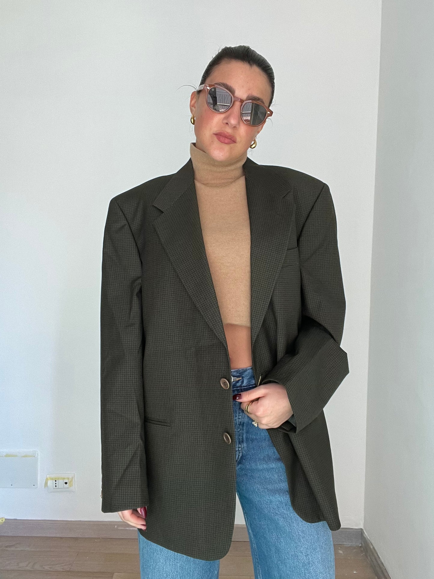 Blazer Vintage in lana | Verde scuro a quadri
