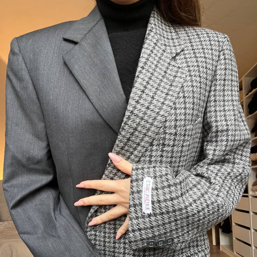 Blazer Bi-color in lana | Grigio a quadri