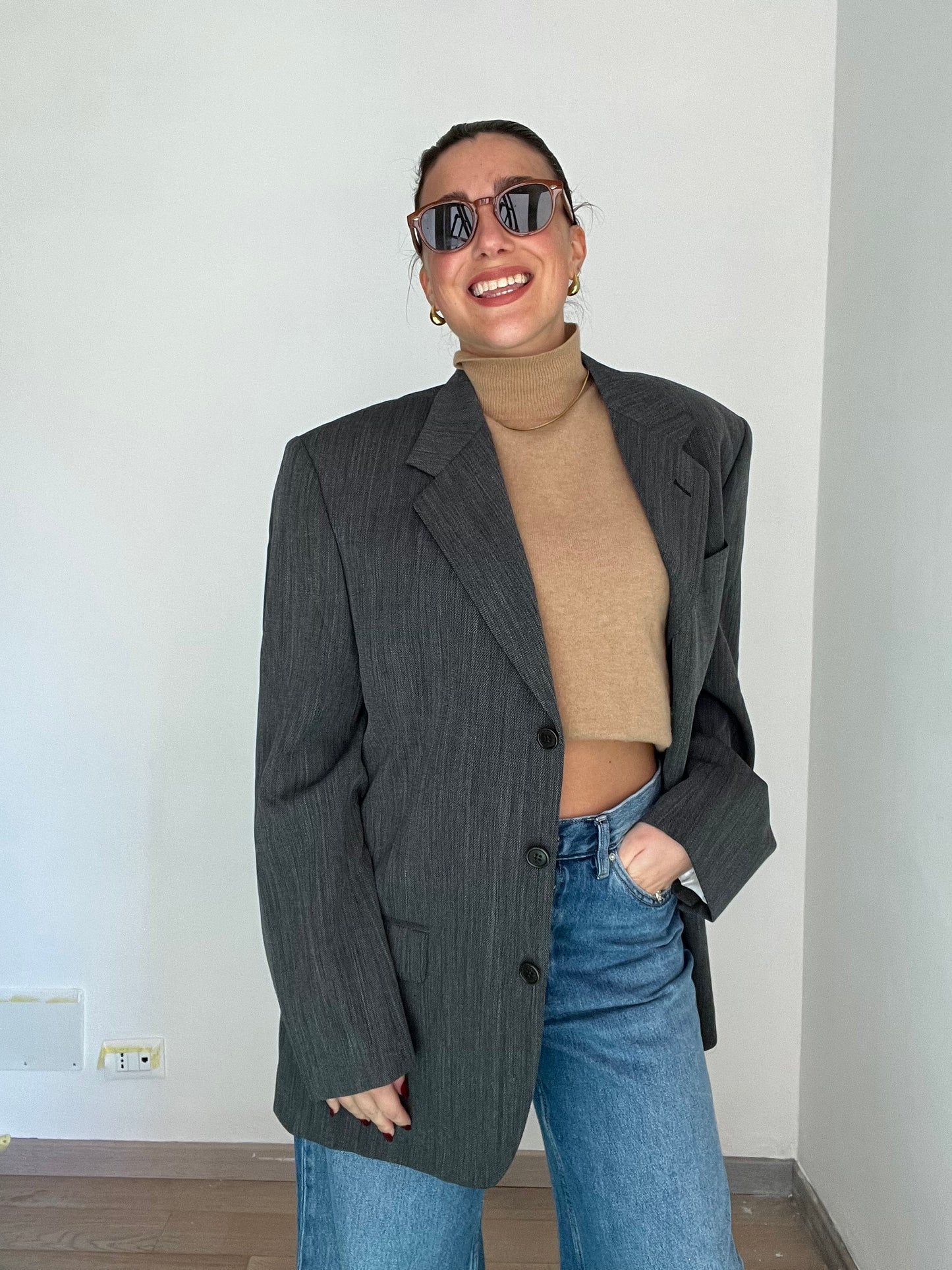 Blazer Vintage in lana | Grigio effetto denim