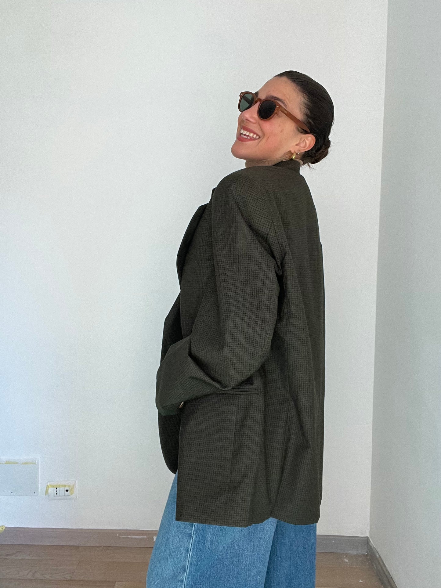 Blazer Vintage in lana | Verde scuro a quadri
