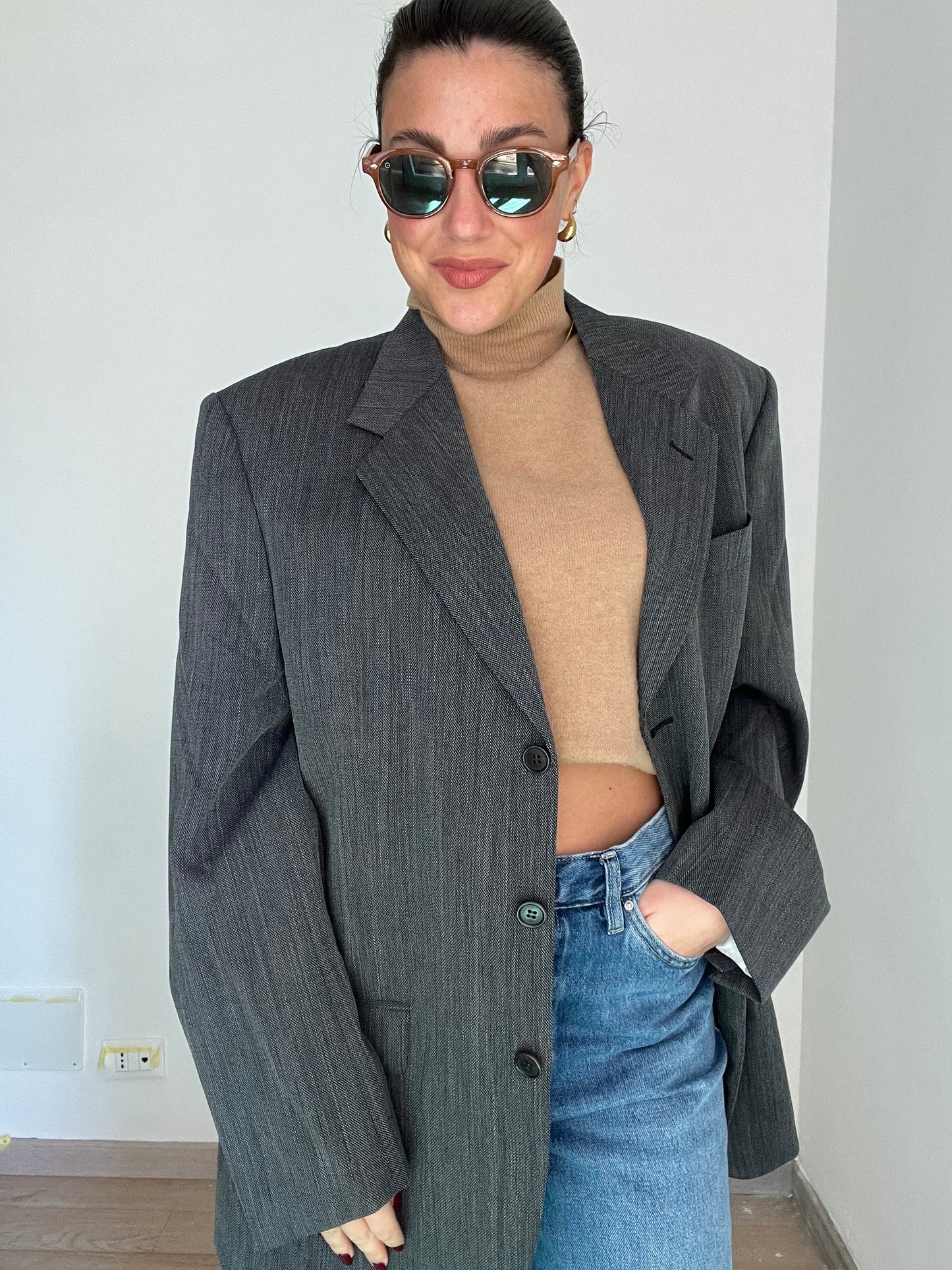 Blazer Vintage in lana | Grigio effetto denim