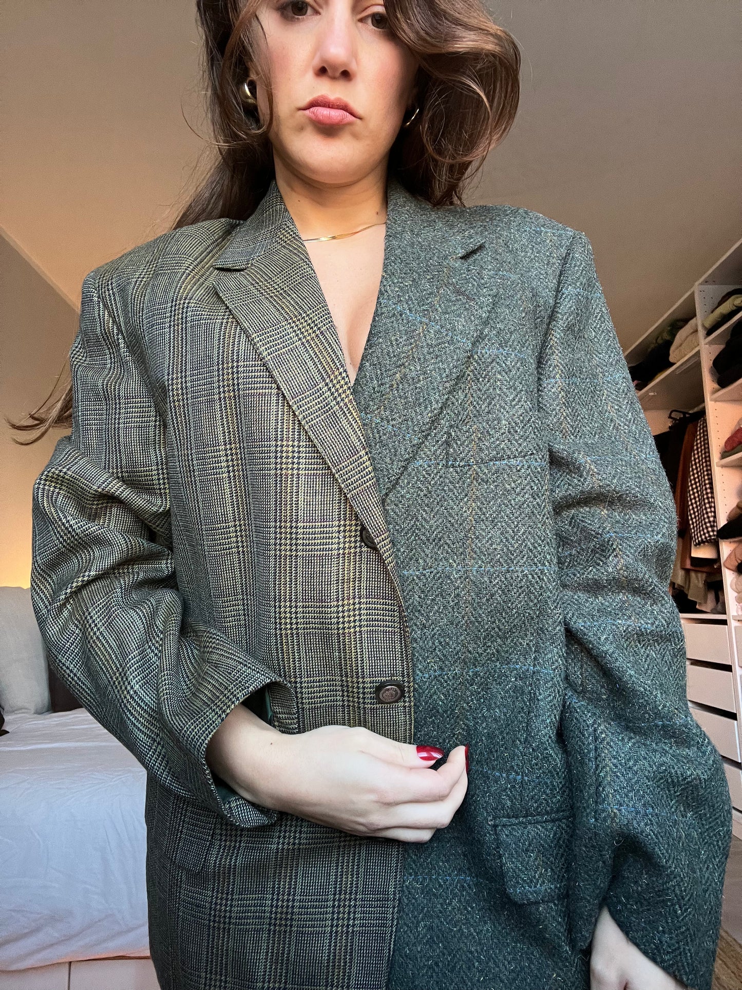 Blazer Oversize Bi-color in lana | Verde scuro