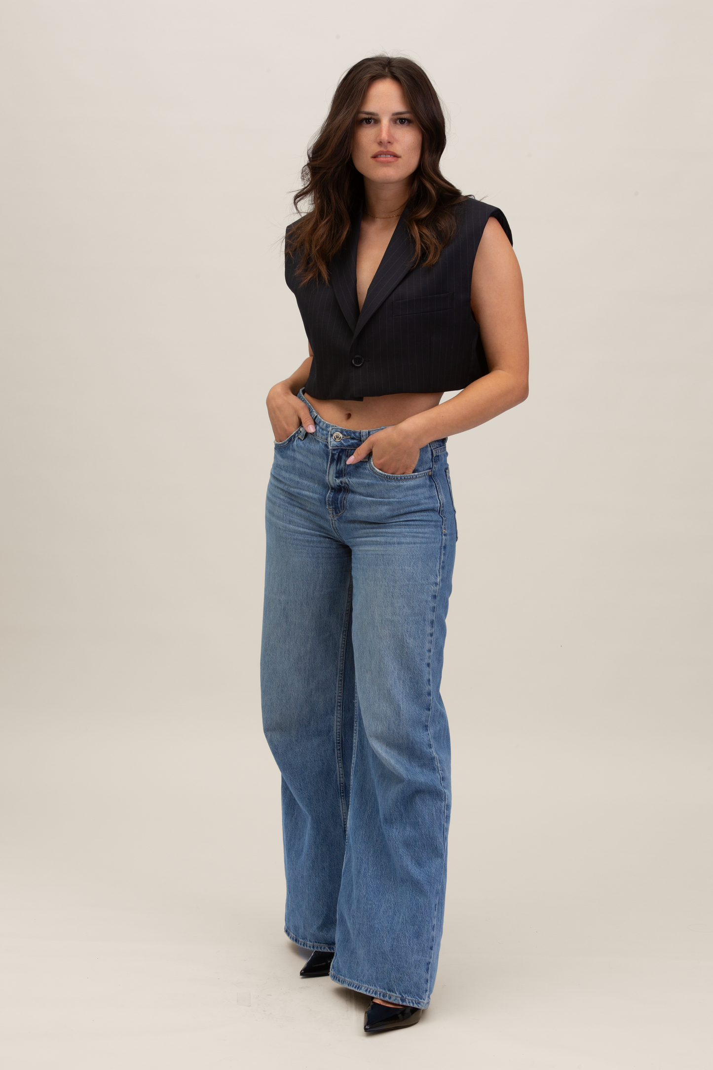 Cropped Gilet | Blu notte gessato S-M