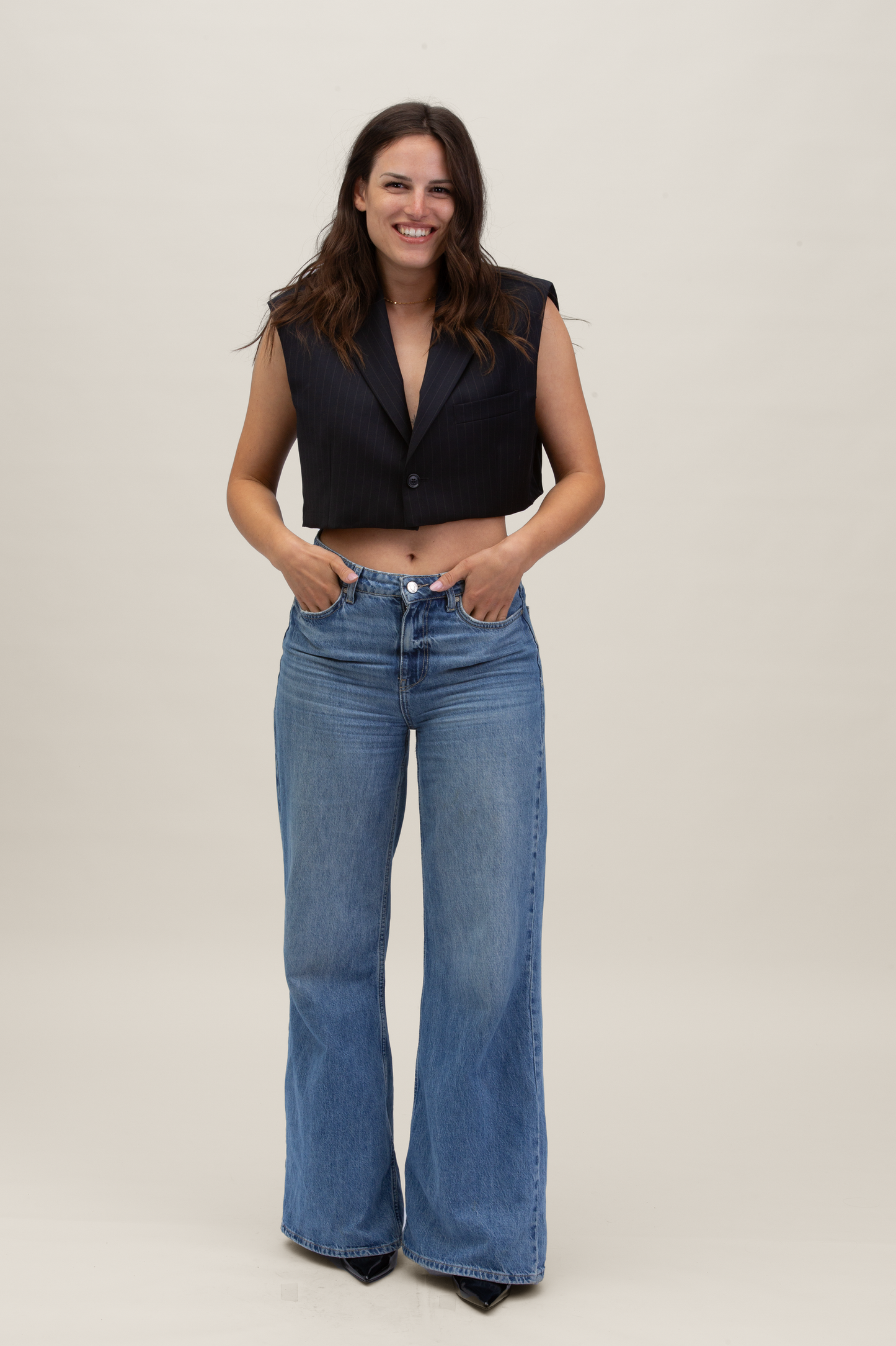 Cropped Gilet | Blu notte gessato S-M