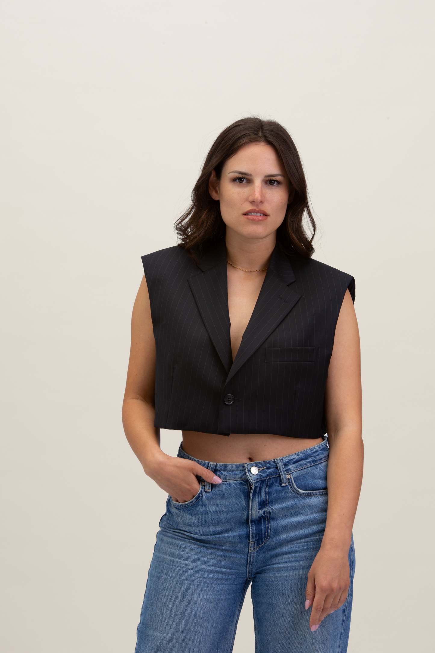 Cropped Gilet | Blu notte gessato S-M