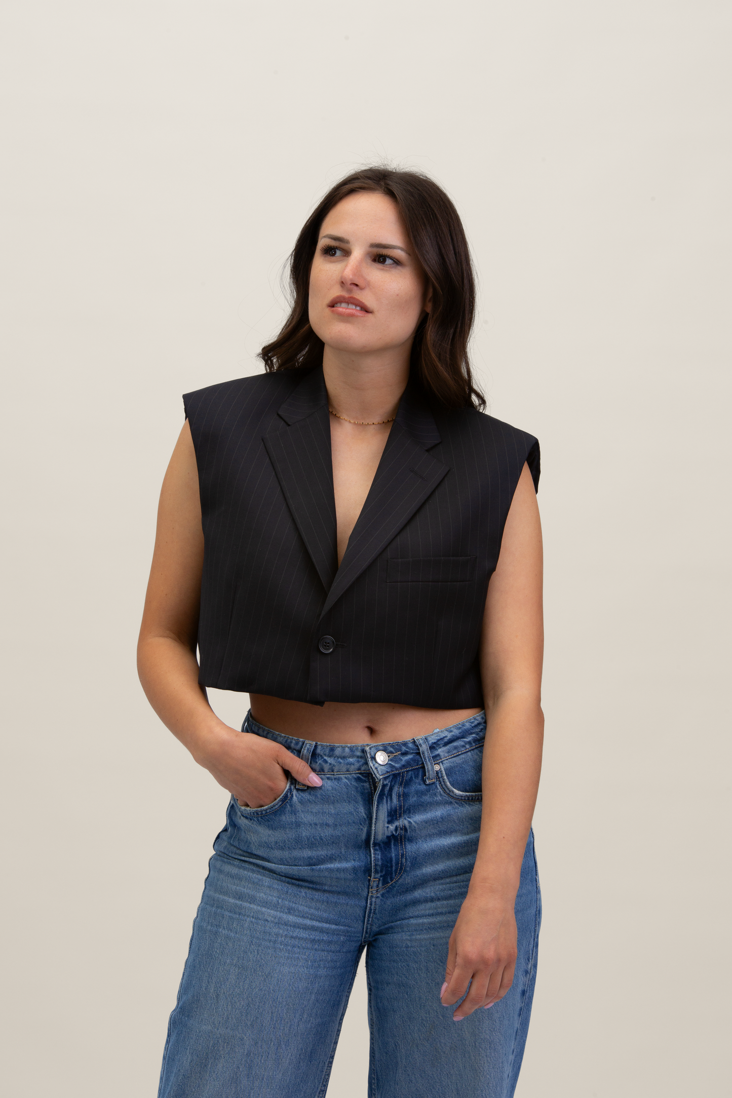 Cropped Gilet | Blu notte gessato S-M