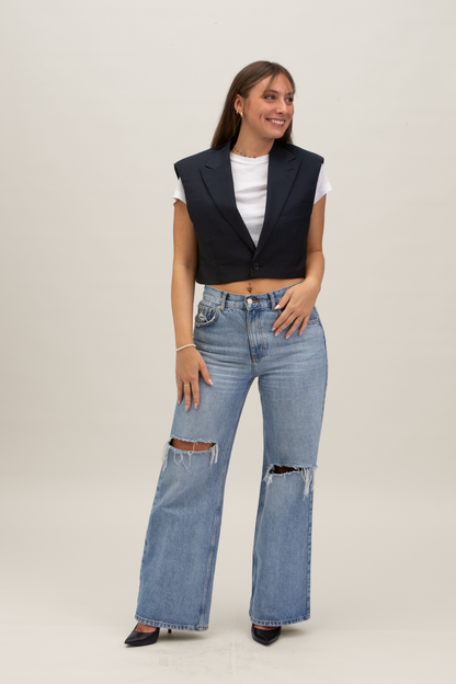 Cropped Gilet | Blu notte gessato S-M