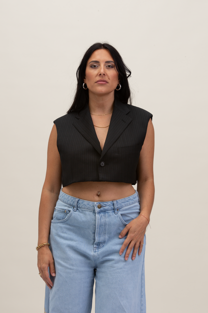 Cropped Gilet | Nero gessato S-M
